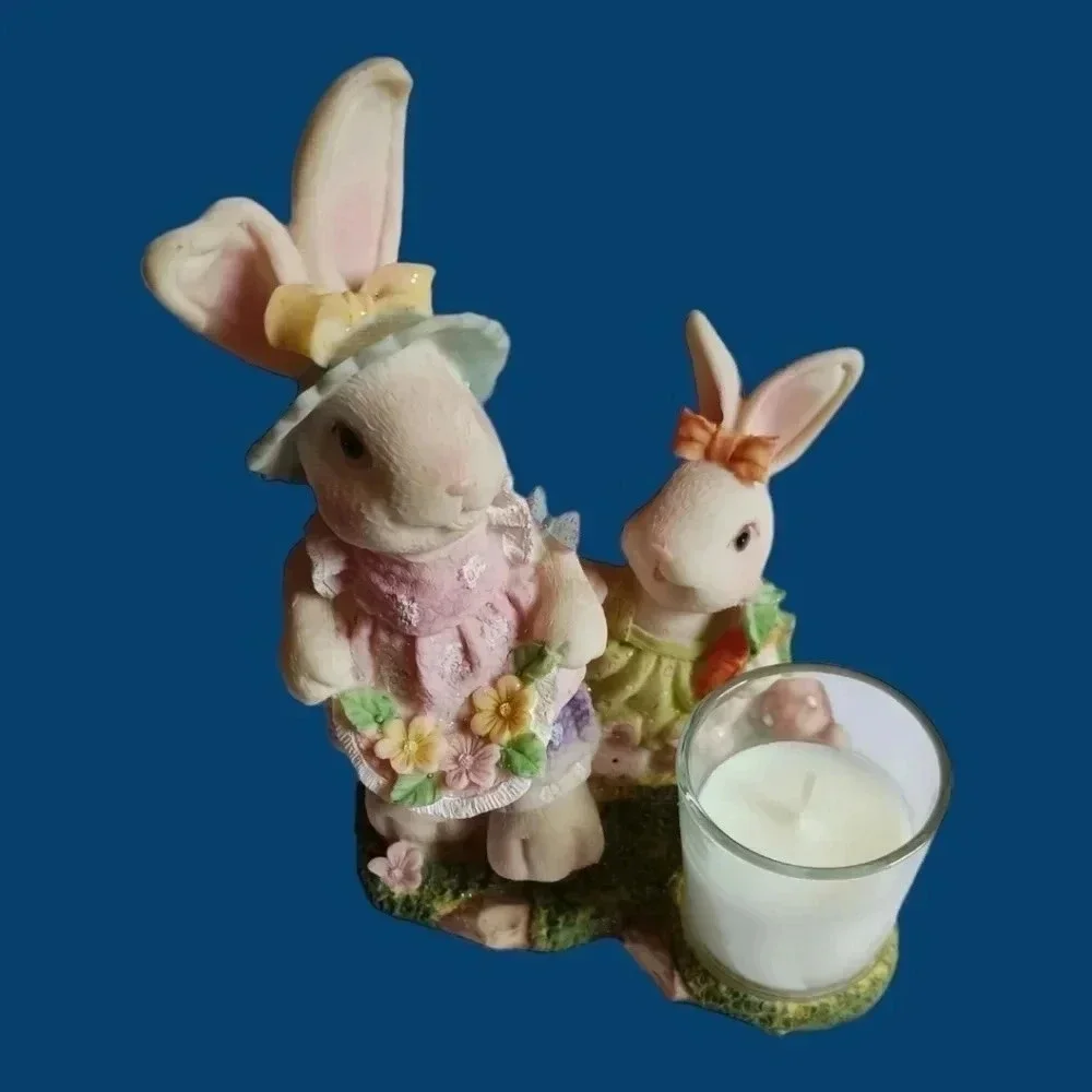 Vtg Cottage charms  ceramic dressed bunnies candle holder